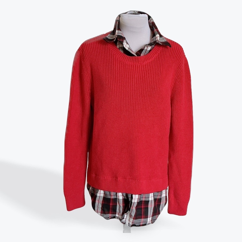 Lauren Ralph Lauren Red Faux Layered Sweater Plaid Shirt Cotton Womens Large